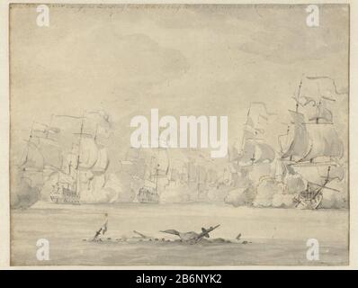 Gevechten tijdens de eerste dag van de Vierdaagse Zeeslag, 1666 Die Vier-Tage-Schlacht zwischen der Flotte der Staaten unter Admiral Michiel de Ruyter und der englischen Flotte unter Admiral George Monck, 11./14. Juni 1666. Kämpfe am ersten Tag: 11. Juni 1666. Hersteller : Zeichner: Willem van de Velde (I) Zeichner: Willem van de Velde (II) Ort Herstellung: Nordniederland Datum: 1666 Physikalische Merkmale: Bleistift , Pinsel in Grau und Stift in braunem und grauem Material: Papiertinte Bleistifttechnik: Stift-/Bürstenabmessungen: Blatt: H 188 mm × W 243 mm Subject: Navy (+ Segelschiffe) Battle (+ Segelschiffe) Stockfoto