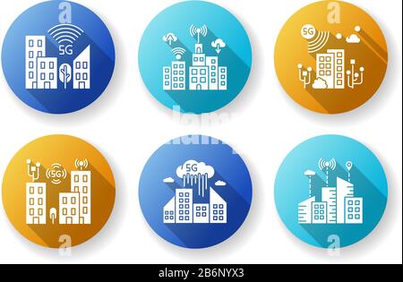 5G Smart City Flat Design Long Shadow Glyph Icons Set. Städtische Intelligenz. Mobilfunknetzabdeckung. Wireless-Technologie. Silhouette RGB-Farbe Stock Vektor