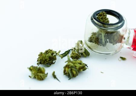 Knospen von Cannabis in einem Glasrauchrohr, Makrofotografie. Medizinisches Cannabiskonzept Stockfoto