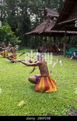 dh PNG native dancers culture ALOTAU PAPUA NEUGUINEA Traditionelles Tanzritual Tribe Weapons Indigene Rituale Dancer Welcome Stockfoto