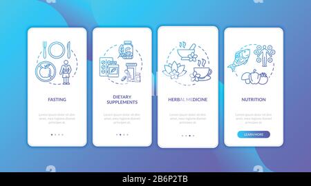 Gesundes Nährstoff-Onboarding-Bildschirm für mobile Anwendungen mit Konzepten. Gewichtsverlust und ausgeglichene Ernährung führen Sie die grafischen Anweisungen in vier Schritten durch. UI Stock Vektor