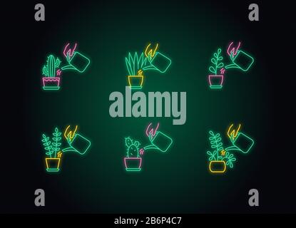 Neonlichtsymbole für die Hauspflanzenpflege werden gesetzt. Pflanzenanbau. Bewässerungsanlagen. Feuchtigkeitsspendende, rehydrierende Erde. Feuchtigkeitsspendende Erde. Schilder mit Außenleuchten Stock Vektor