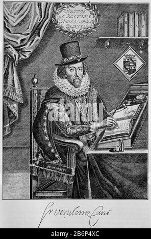 Francis Bacon, 1st Viscount St. Albans, Baron Verulam, 22. Januar 1561 - 9. April 1626, ein englischer Philosoph, Jurist, Staatsmann und gilt als Pionier des Empirismus/Francis Bacon, 1. Viscount St. Albans, Baron Verulam, 22. Januar 1561 - 9. April 1626, ein englischer Philosoph, Jurist, Staatsmann und vergoldet als Wegbereiter des Empirismus, historisch, digital verbesserte Wiedergabe eines Originals aus dem 19. Jahrhundert / Digitale Produktion einer Originalanlage aus dem 19. Jahrhuntert, Stockfoto