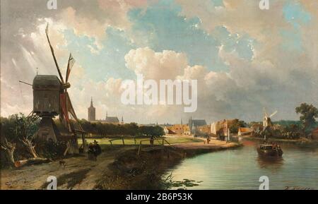 Gezicht op den Haag vanaf de Delftse vaart in de zeventiende eeuw, SK-A-4870 Blick auf den Haag vom Delft Kanal im siebzehnten Jahrhundert. Links ist eine Straße entlang des Wassers, auf der eine Windmühle und einige Wanderer, die auf einer Brücke gehen, ein Mann mit Angelrute ist. Direkt am Wasser, ein Kahn. Hergestellt, um anlässlich der Enthüllung der Statue von Rembrandt am 27. Mai, im Jahr 1852, noch mehr Glanz zu verleihen. Hersteller : Maler Cornelis Springer-Maler: Kasparus Kars Herstellung: Niederlande Datum: 1852 Physische Eigenschaften: Öl auf Leinwand Material: Leinwand Ölgemälde Abmessungen: Stockfoto