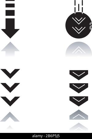 Mit den Abwärtspfeilen werden schwarze Glyph-Symbole für Schatten angezeigt. Doppelte Pfeilspitze im Kreis. Scrolldown-Schaltflächen. Navigationstasten für die Pfeiltasten. Webseite Stock Vektor