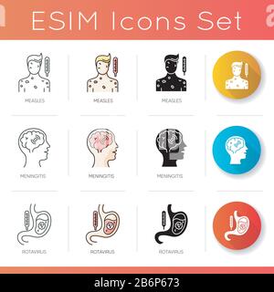 Symbole für virale und infektiöse Krankheiten. Lineare, schwarze und RGB-Farbstile. Meningitis, Masern und Rotavirus. Gefährliche Krankheiten, ansteckend Stock Vektor