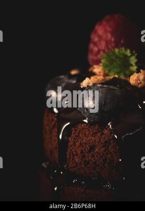 Schokoladenmuffins mit Blaubeeren auf schwarzem Hintergrund, Moody Style, Food-Foto mit dunklen Farben, Vorderansicht, Nahaufnahme Stockfoto