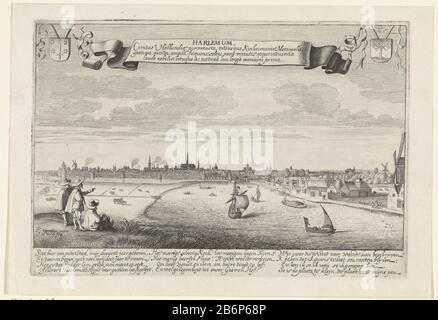 Blick auf Haarlem und die Spaarne vanuit het zuiden Harlemum (titel op object) von Süden. Auf der linken Seite des Bankhauses drei Zahlen. Oben ein Band mit vier Linien in lateinischer und zwei Wappen; links in die Stadt Haarlem und rechts mit trockenem Baum (bezogen auf den Haarlemmerhout). Unten ein Gedicht aus drei Versen mit vier Zeilen in den Nederlands. Hersteller : der von Pieter Jansz entworfene Druckerhersteller Jan van de Velde (II) (unter Denkmalschutz stehendes Gebäude). Saenredamstraat (auf dem Objekt angegeben) Herstellung: Haarlem Datum: 1628 Physische Eigenschaften: Ätzung mA Stockfoto