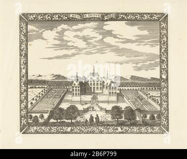 Blick auf die Vorderseite des Schlosses Duivenvoorde Duivenvoorde von Duivenvoorde mit Garten, von oben gesehen, Blick auf die Voorschoten T' Huys te Duivenvoorde. Im Vordergrund zwei Menschen zu Pferd und ein Mann mit Hund. Umrahmt wird die Aufführung von einer Grenze mit Eichenblattmotiven und einem Band, das auf dem Zehel aufliegt. Hersteller : Druckmaschine: Cornelis ElandtsPlaats Herstellung: Den Haag Datum: 1681 - 1728 Material: Papiertechnik: Ätzmaße: Plattenkante: H 229 mm × W 281 mmToelichtingDeze Druck wird zunächst als Teil des Randes der sogenannten Karte des figurativen den Haag f ausgegeben Stockfoto