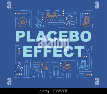 Banner mit Wortkonzepten mit Placebo-Effekt. Falsche Behandlung. Einfluss auf den Glauben. Infografiken mit linearen Symbolen auf blauem Hintergrund. Isolierte Typografie. Vektor Stock Vektor