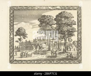 Gezicht op Kasteel Ter Noot te den Haag Het Huys Ter Noot (titel op object) Blick auf den Eingang der dahinter liegenden Burg auf Nuss, erbaut 1596, in der Nähe des heutigen Bezuidenhout den Haag. Im Vordergrund zwei Menschen, die sich in Richtung einer Gruppe von Männern im Gespräch ausruhen, mehrere Wanderer und Trainer. Umrahmt wird die Szene von einer Umrandung mit Eichenblattmotiven und einer Schriftrolle, die den Zehenkelträger trägt. Hersteller : Druckerhersteller Cornelis Elandts (Listed Property) Ort Herstellung: Den Haag Datum: 1681 - 1728 Material: Papiertechnik: Ätzmaße: Plattenkante: H 231 mm × W 285 mmToelichtingDez Stockfoto