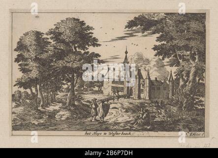 Gezicht op Kasteel Westerbeek Het Huys te Wester beeck (titel op object) Landschaft mit hohen Bäumen und Blick auf das 1800 abgerissene Schloss Westerbeek den Haag. Auf einem kurvenreichen Weg reden zwei Männer miteinander. Neben dem Pfad, der von einem großen Baum beschattet wird, sitzen zwei Vrouwen. Hersteller : Druckerhersteller Cornelis Elandts (denkmalgeschütztes Eigentum) Ort Herstellung: Den Haag Datum: 1663 - 1670 Material: Papiertechnik: Ätzmaße: Blatt: H 104 mm (Innenkante) b × 163 mm (Innenkante geschnitten) Betreff: Landschaft mit Turm oder Schloss wo: Schloss Westerbeek Stockfoto