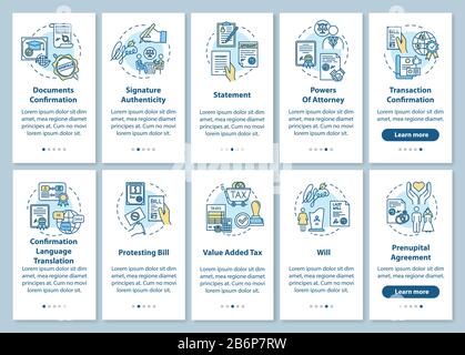 Notariatsdienste, Bildschirm mit Handy-App-Seiten mit Konzepten. Notarisierung. Anleitung zur Apostille und Legalisierung in 5 Schritten Stock Vektor