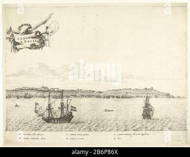 Gezicht op Luanda (rechterhelft), ca 1641 Loanda S Pauli (titel op object) Blick auf Luanda (São Paulo de Luanda), in der rechten Hälfte, ca. 1641. Rechte Platte eine großartige Idee drückte zwei Platten. August 1641 von einer holländischen Flotte erobert, die von WIC Cornelisz Cornelis Jol, alias Houtebee befehligt wurde. Für die Küste mehrere holländische Schiffe. Am Himmel ein geflügeltes Band, das mit zwei Rauchhörnern, Fahnen und Kränzen verziert ist. In der Bildunterschrift, die die Buchstaben G-M in Latijn erläutert. Hersteller: Druckerhersteller Jan van Brosterhuyzen (zugeschrieben) Druckerhersteller: Salomon-Saverynaar-Zeichnung des französischen Jansz. Po Stockfoto
