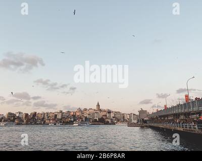 Die Galata-Brücke und der Galata-Turm am Bosporus in Istanbul, Türkei. Blick auf Istanbul mit vielen Möwen und bewölktem Himmel. Bezirk Karakoy und Stockfoto