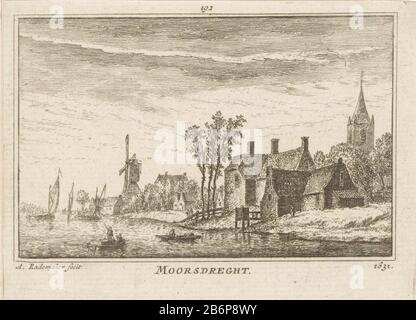 Gezicht op Moordrecht, 1631 Moordrecht 1631 (titel op object) Moordrecht und Kirchturm vom Fluss IJssel aus gesehen, in der Situation um 1631. Auf der IJssel verschiedene Segelboote. Im Hintergrund ein molen. Hersteller : Druckmaschine: Abraham Rademacher (Listed Property) Ort Herstellung: Amsterdam Datum: 1725 - 1803 Material: Papiertechnik: Radierung / Engras (Druckverfahren) Abmessungen: Plattenkante: H 82 mm × W 113 mmToelichtingMiete auch in: Rademacher, Abraham verwendet. Kabinett Dutch Outheden und Gesichter: Konstant in 300 Banken enthalten (...). 2 Teile. Amsterdam: Willem Barents, 1725, Bd. 2, il Stockfoto