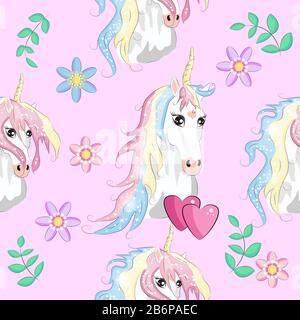Nahtloses Muster mit trendigen Cartoon-Patches. Einhörner, Regenbögen und Herzen. Stock Vektor