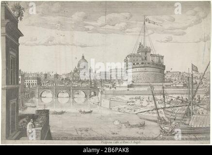 Gezicht op Rome Profpectus caftri e Pontis S Angeli (titel op object) Blick auf die Ponte Sant'Angelo und die Engelsburg in Rom. Im Vordergrund mehrere Boote. Ein Mann in einem Ruderboot jagt einige Enten. Auf dem Druck sind Zahlen zu bestimmten Bauten Roms zu finden. Hersteller: Druckmaschine: Lievin Cruyl (aufgeführte Eigenschaft) zur Zeichnung: Lievin Cruyl (aufgeführte Eigenschaft) Herstellung: Rom Datum: 1666 Physikalische Merkmale: Ätzmaterial: Papiertechnik: Ätzmaße: Blatt: H 351 mm × W 509 mm Betreff: Ruderboot, Kanu usw. Stockfoto