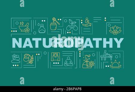 Banner für Naturheilkundige Wortkonzepte. Naturheilkunde. Pseudowissenschaftliche Praktiken. Infografiken mit linearen Symbolen auf grünem Hintergrund. Isoliert Stock Vektor
