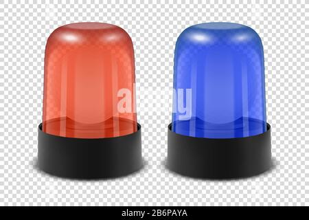 Vector 3d Realistische rote und blaue Polizei-Blinker-Sirenensymbole Legen die Closeup Isoliert auf Transparentem Hintergrund fest. Licht, Leuchtfeuer Für Polizeiwagen, Ambulanz Stock Vektor