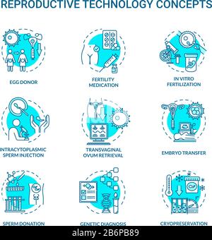 Reproduktionstechnologie, türkisfarbene Symbole. In-vitro-Fertilisation. Eierspender. Alternative Schwangerschaftsidea dünne Linien-RGB-Farbabbildungen Stock Vektor