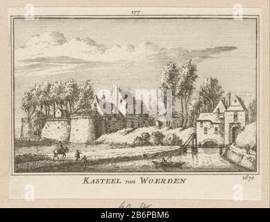 Gezicht op Slot Woerden, 1670 Kasteel van Woerden 1670 (titel op object) View Final Woerden, auch bekannt als Schloss von Woerden (links), in der Situation um 1670. Direkt von der Schlossbrücke und der Schleuse. Im Vordergrund ein Reiter und ein visser. Hersteller : Druckmaschine, Abraham Rademaker Ort Herstellung: Amsterdam Datum: 1725 - 1803 Material: Papiertechnik: Ätzung / Engras (Druckverfahren) Maße: Blatt: H 80 mm (abgeschnitten knapp über der inneren Plattenkante) × W 107 mm (innerhalb der Kantenplatte geschnitten) Kommentare Drucken auch in: Rademaker, Abraham verwendet. Kabinett Dutch Outheden und Gesichter: Ständige conta Stockfoto