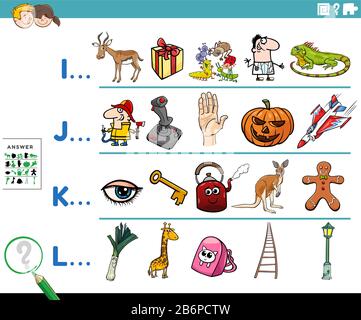 Cartoon-Illustration des Findens von Bildern, Die Mit Dem Arbeitsblatt "Referenctive Letter Educational Task" für Kinder in der Vorschule oder Grundschule Beginnen Stock Vektor