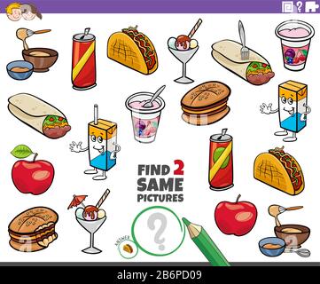 Cartoon Illustration des Findens Von Zwei Gleichen Bildern Bildungsaufgabe für Kinder mit Lebensmittelobjekten Stock Vektor