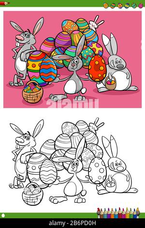 Cartoon-Illustrationen der Weihnachtsfiguren von Easter Bunnies mit "Eggs Coloring Book Page" Stock Vektor