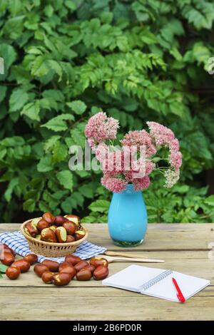 Korbkorb mit Früchten Ziziphus Real, Capiente, Jujube, chinesisches Datum, Capiinit, Jojoba, China-Datum (lat.Ziziphus jujujuba) und eine Vase mit einem Promin Stockfoto