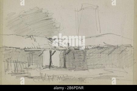 Ansicht der Gebäude Objekttyp: Skizzenblatt Artikelnummer: RP-T-1996-11-9 (V) Beschreibung: Vorderer Tiefgang. Im Hintergrund eine Windmühle. Blatt 9 aus einem Skizzenbuch mit 58 bladen. Hersteller: Künstler: Adrian Evers Herstellung: Niederlande Datum: CA. 18-1897 Physikalische Merkmale: Bleistift, Gedoezeld Material: Papierbleistiftechnik: Doezelen Thema: Windmühle im Landschaftsbild Stockfoto
