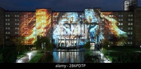 Frankfurt, Deutschland. März 2020. "Vor Dem Erlöschen" heißt die Lichtinstallation an der Fassade der Goethe-Universität, bei der die Rückseite des Gebäudes mit unterschiedlichen Szenarien beleuchtet wird. Bis zum 15. März sind zahlreiche Lichtanlagen in Frankfurt und in Offenbach-Stadt zu sehen. Credit: Dpa Picture Alliance / Alamy Live News Stockfoto