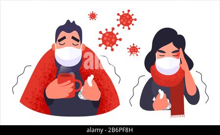 Coronavirus in China. Menschen in medizinischer Gesichtsmaske. Angstmann und Frau. Symptome des Corona-Virus. Vektormedizinisches Konzept. Stock Vektor