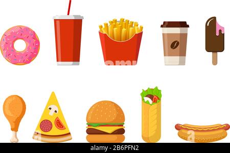 Fast sreet Essen Mittag- oder Frühstück Mahlzeit Set. Klassische Burger, pommes frites, gebratenes knuspriges Hühnerbein, glasierte Donut, Softdrink, Kaffeetasse, Eis, Hot Dog, Pizza und Shawarma. Vektorgrafik Stock Vektor