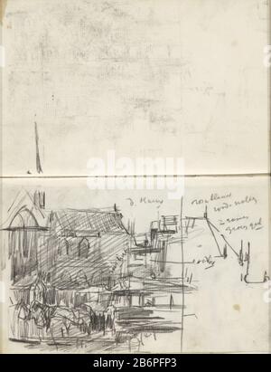 Gezicht op de Dam te Amsterdam met de Nieuwe Kerk Blick auf den Staudamm in Amsterdam mit dem neuen Kirchengrundstück Typ: Skizzenblatt Artikelnummer: RP-T-1924-31-27 Aufschriften / Marken: Farbnotiz handschriftliche Beschreibung: Vor einer Pferdetram. Seite 27 und Seite 28 eines Skizzenbuchs mit 20 bladen. Hersteller : Künstler George Hendrik Breitner Herstellungsort: Amsterdam Datum: Ca. 1895 Physische Merkmale: Schwarzes Kreidematerial: Papier Kreidegegenstand: Platz, Ort, Zirkus usw. (+ Stadt (-scape) mit Figuren, Mitarbeiter) Kirche (außen) Fleiß, Omnibus, Pferdestraßenbahn wo: DamNieuwe Kirche Stockfoto