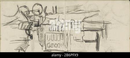 Gezicht op de Dam te Amsterdam traf auf Rijtuigen, Die Von der Börse Zocher aus gesehen wurden. Im Hintergrund der Königspalast und die neue Kirche. Seite 55 und Seite 56 eines Skizzenbuchs mit 32 bladen. Hersteller : Künstler George Hendrik Breitner Herstellungsort: Amsterdam Datum: 1880-1903 Körperliche Merkmale: Schwarzes Kreidematerial: Papier Kreidegegenstand: Platz, Ort, Zirkus usw. (+ Stadt (- scape) mit Figuren, Staffage) Kirche (außen), vierrädriges, tierisches Fahrzeug, z. B.: Kabine, Kutsche, Buspalast wo: DamKoninklijk Palace Amsterdam neue Kirche Stockfoto