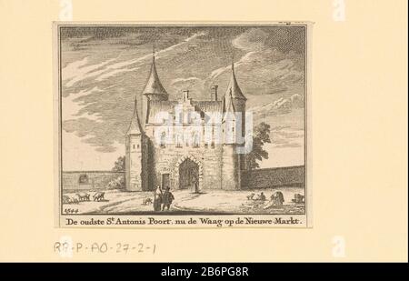 Gezicht op de Eerste Sint-Antoniespoort te Amsterdam, 1544 De oudste St Antonis Poort, nu de Waag op de Nieuwe Markt (titel op object) Blick auf das obere St. Antonius-Tor in Amsterdam, Die Situation um 1544. Das Gebäude aus dem fünfzehnten Jahrhundert war nach der Stadterweiterung vom Ende des sechzehnten Jahrhunderts in der Stadt (am Nieuwmarkt) zu lügen und verlor seine Funktion als Stadttor. 1617-1618 wurde sie als Wagnis eingerichtet. Nummerierung oben rechts weitgehend abgeschnitten [Pag. 186] . Hersteller : Druckerhersteller Jan Goeree Herausgeber: Andries van Damme (möglich) Herausgeber: Arend van Huyssteen ( Stockfoto