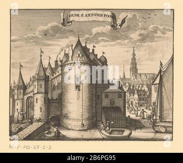 Gezicht op de Eerste Sint-Antoniespoort te Amsterdam Oude St Antonis Poort (titel op object) Blick auf die Seite des oberen St. Antonius-Tors in Amsterdam. Ganz im Hintergrund die Alte Kirche. Das Gebäude aus dem fünfzehnten Jahrhundert kam nach der Stadterweiterung vom Ende des sechzehnten Jahrhunderts in der Stadt (am Nieuwmarkt) zu liegen und verlor seine Funktion als Stadttor. 1617-1618 wurde sie als Wagnis eingerichtet. Oben in der Mitte eine Banderole auf den Zehn. Hersteller : Druckhersteller: Anonym zu drucken von: Simon Frisius dating: 1693 - Merkmale in oder für 1726 Physisch: Ätzung an Stockfoto