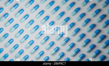 Hellblaue Pillen auf weißem Hintergrund. Pharmaindustrie, medizinische Behandlung, Konzept für Vorangiftmittel. Digitale 3D-Wiedergabe. Stockfoto