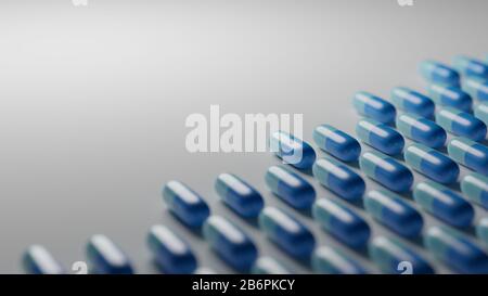 Hellblaue Pillen auf weißem Hintergrund. Pharmaindustrie, medizinische Behandlung, Konzept für Vorangiftmittel. Digitale 3D-Wiedergabe. Stockfoto