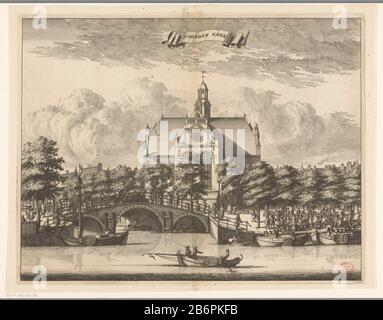Gezicht op de Noorderkerk te Amsterdam Noorder Kerk (titel op object) Blick auf die Nordkirche und einen Teil des Noordermarktes Amsterdam, von der Prinsengracht aus gesehen. Verlassen Sie die Brücke über die Anjeliersgracht (heute Westerstraat). Rechter Teil des Marktes. Per Boot wird Ware geliefert. Oben in der Mitte eine Banderole auf den Zehn. Hersteller: Druckmaschine: Anonym Datum: 1693 - 1694 Material: Papiertechnik: Ätzung / Engras (Druckverfahren) Maße: Plattenkante: H 273 mm × W 352 mmToelichtingHuidige Druckzustand auch verwendet in: Commelin, Caspar. Beschrye Amsterdam, deselfs first or Stockfoto