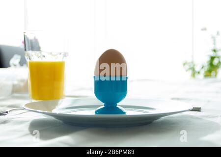 Ein helles Portrait eines Frühstücks mit etwas Orangensaft und einem weichen gekochten Ei auf einem Teller auf einem weißen Tisch vor einem hellen Fenster. Stockfoto