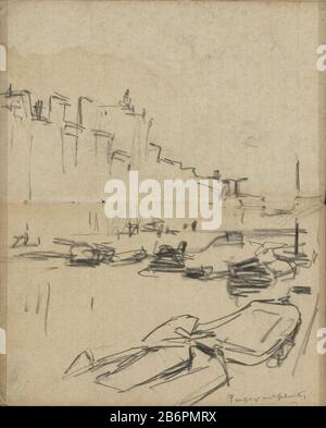 Die Prinsengracht te Amsterdam traf auf Seite 9 und Seite 10 eines Skizzenbuchs 41 bladen. Hersteller : Künstler George Hendrik Breitner Herstellung: Amsterdam Datum: CA. Von ca. 1903 Körperliche Merkmale: Schwarze Kreide auf gefüttertem Papiermaterial: Gefüttertes Papier Thema Kreide: Kanäle, Wasser (in der Stadt) Schiffe (im Allgemeinen) Wo: Prinsengracht Stockfoto