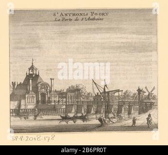 Gezicht op de Tweede Sint-Antoniespoort te Amsterdam St Anthonis Poort La Porte de St Anthoine (Titel op object) Blick auf das 1636 Erbaute Zweite St. Antonius-Tor und die zugehörige Brücke in Amsterdam, von außerhalb der Stadt aus gesehen. Nach der vierten Erklärung und dem Bau des ersten Muiderpoorts (1663) hatte dieses Gebäude seine Funktion als Tor verloren. 1670 wird es abgerissen. Auf verso Dutch tekst. Hersteller : Druckerhersteller Jan Veenhuysen (zugeschrieben) Herausgeber: Marcus Willemsz. Von Nick Place Herstellung: Amsterdam Datum: 1665 Physische Merkmale: Ätzung und Engras; mit Text im Brief Stockfoto