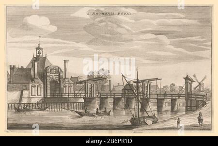 Gezicht op de Tweede Sint-Antoniespoort te Amsterdam S Anthonis Poort (titel op object) Blick auf das 1636 Erbaute Zweite St. Antonius-Tor und die zugehörige Brücke in Amsterdam, von außerhalb der Stadt gesehen. Nach der vierten Erklärung und dem Bau des ersten Muiderpoorts (1663) hatte dieses Gebäude seine Funktion als Tor verloren. 1670 wird es gesloopt. Hersteller : Druckerhersteller Jacob van Meurs (möglich) Herausgeber: Jacob van Meurs (möglich) Verleger: Joachim Nosche (möglich) Ort Herstellung: Amsterdam Datum: 1663 - 1664 Material: Papiertechnik: Radierung / Engra (Druckverfahren) Dimen Stockfoto