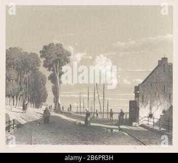 Gezicht op de Veerweg te Culemborg Menschen, die auf dem Veerweg Culemborg spazieren gehen. In den Hintergründen Masten von Segelbooten, die sich im Wasser befinden. Hersteller : Druckerhersteller Jan Weissenbruchstraat (denkmalgeschütztes Gebäude) in seinem Entwurf: Jan Weissenbruchstraat (denkmalgeschütztes Gebäude) Drucker: Royal Dutch Steendrukkkkerij von CW Mieling (denkmalgeschütztes Eigentum) Ort Herstellung: Den Haag Datum: 1847 - 1865 Physische Merkmale: Tonlithograph in Schwarz mit Tonblock Beige Material: Papiertechnik: Tonlithographie Abmessungen: Blatt: H 349 mm × W 512 mm Betreff: Straße wo: Culemborg Stockfoto