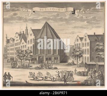 Gezicht op de Vleeshal te den Haag De Vleesch-hal (titel op object) Blick auf den Vleeshal Hague, der in der ehemaligen St. Nikolauskapelle untergebracht ist. Verschiedene Straßenstände, Figuren und Koeten. Hersteller : Druckerhersteller Jan Caspar Philips (denkmalgeschütztes Gebäude) Überwachung: Jan Caspar Philips (denkmalgeschütztes Eigentum) zur Zeichnung: Gerrit van Gießen (denkmalgeschütztes Gebäude) Herausgeber: Reinier Boitet (denkmalgeschütztes Objekt) Herausgeber: Adrian Douci Pietersz Anbieter von Privilegien Unbekanntes (denkmalgeschütztes Eigentum) Ort Herstellung: Aus Zeichnung: Der Haag Herausgeber: Delft Herausgeber: Amsterdam Datum: 1736 Material: Papiertechnik: Ätzung / Engras Stockfoto