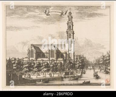 Gezicht op de Westerkerk te Amsterdam Wester Kerk (titel op object) Blick auf die Westerkerk in Amsterdam, von der Prinsengracht aus gesehen. Für mehrere Kirchenfiguren. Im Wasser eine Vielzahl von Booten. Oben in der Mitte eine Banderole auf den Zehn. Hersteller: Druckmaschine: Anonym Datum: 1693 - 1694 Material: Papiertechnik: Ätzung / Engras (Druckverfahren) Maße: Plattenkante: H 274 mm × W 352 mmToelichtingHuidige Druckzustand auch verwendet in: Commelin, Caspar. Beschroye Amsterdam, deselfs erster Original q uyt the Huyse (...). 2 Teile. Amsterdam: Abraham Wolfgang, Gillis Janssonius von Stockfoto