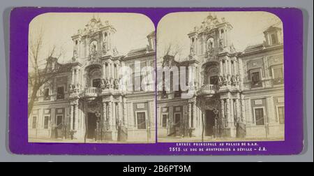 Blick auf den Innenhof und den Haupteingang des Palacio de San Telmo in SevillaEntrée principale au Palais de S.A.R. le Duc de Montpensier a Séville (Titelobjekt) Objektart: Stereobild Artikelnummer: RP-F07600 Aufschriften/Marken: Nummer, Nachdruck: "2513." Hersteller: Fotograf: Jean Andrieu (Listed Property) Ort Herstellung: Sevilla Datum: 225-1876 Physische Merkmale: Albumdrucke Druckmaterialien: Pappe Papiertechnik: Albumdrucke Abmessungen: Sekundäres Medium: H 85mm × W 170 mm Betreff: Tor, Eingangspalast wo: Palacio de San Telmo Stockfoto