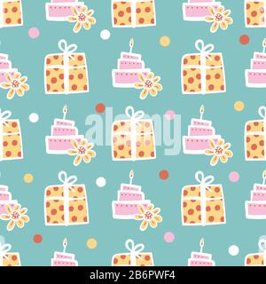 Geburtstagskuchen und Geschenke nahtloses Vektormuster in Pastellfarben Stock Vektor
